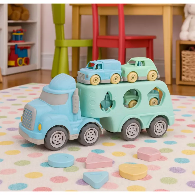 LEAN TOYS Truck Abschleppwagen Lernspielzeug Sortierer mit Autos Blöcken Pastell BIO Kunststoff