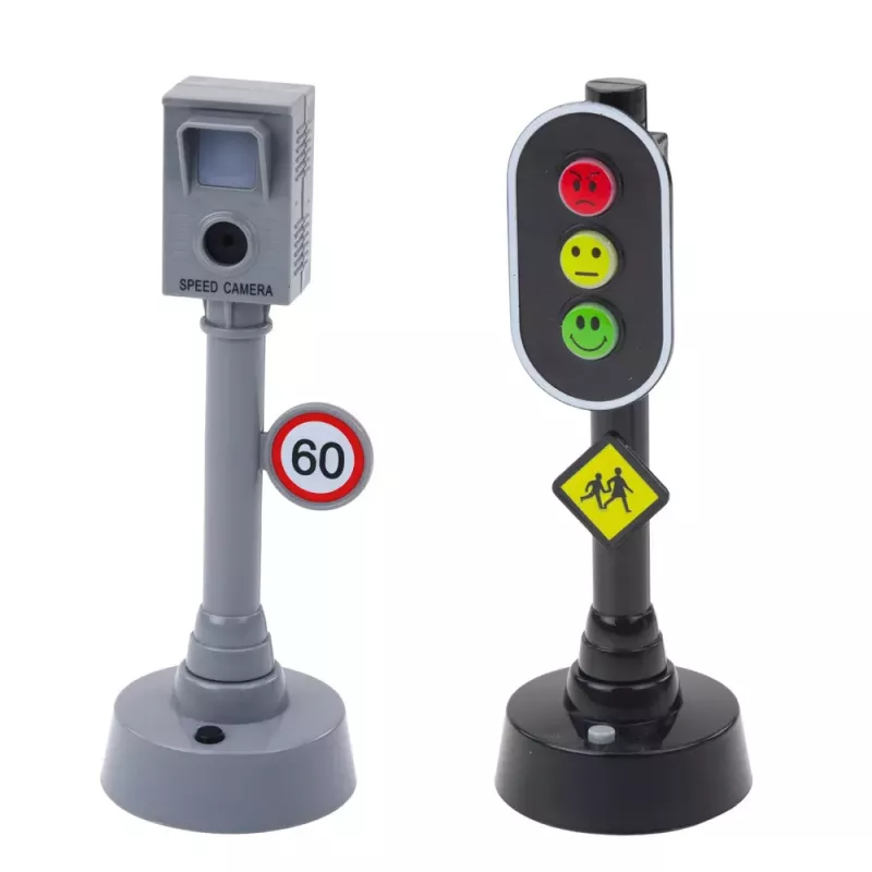 LEAN TOYS Set von Ampeln, Blitzer, Matte, Baustellenfahrzeugen, Licht und Sound