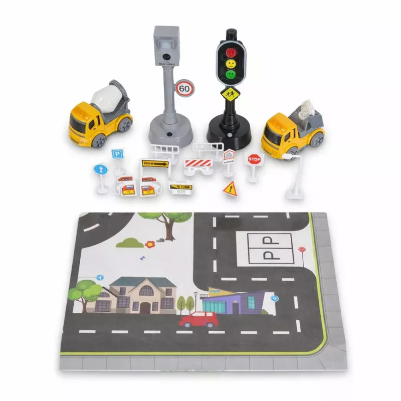 LEAN TOYS Set von Ampeln, Blitzer, Matte, Baustellenfahrzeugen, Licht und Sound