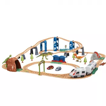 LEAN TOYS Elektrischer interaktiver Zug mit Tunnel, Vulkan und Dinosauriern, 95 cm
