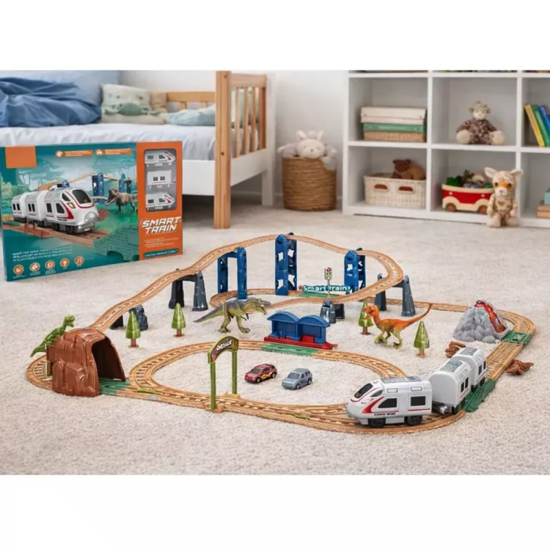LEAN TOYS Elektrischer interaktiver Zug mit Tunnel, Vulkan und Dinosauriern, 95 cm