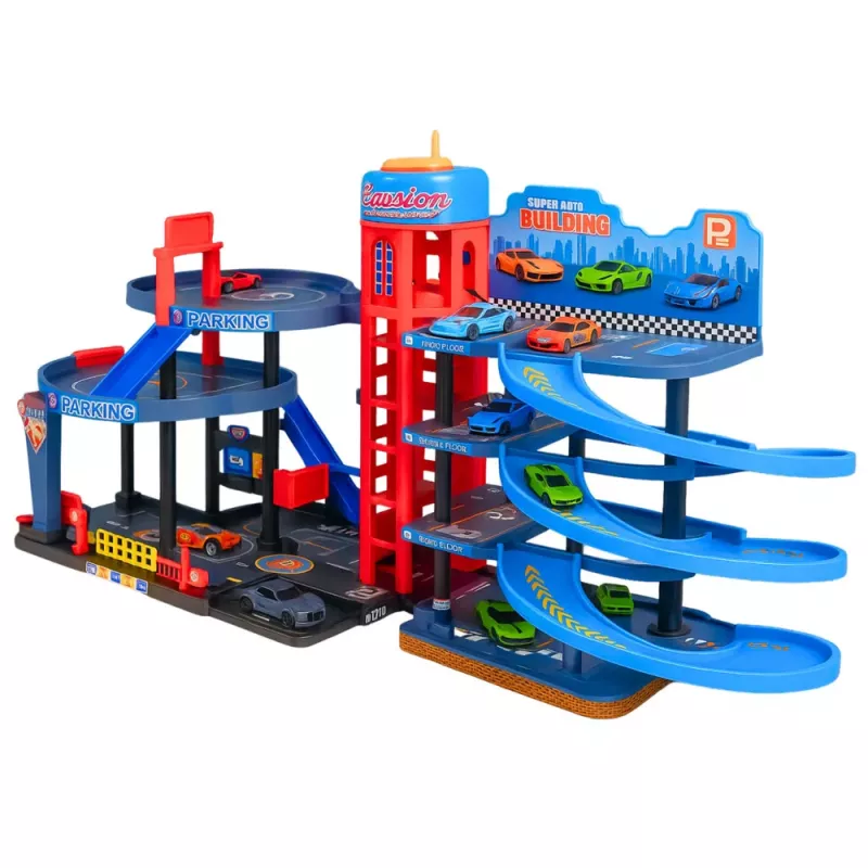 LEAN TOYS Parkhaus mit Autos, 4-stöckige Rennbahn, 8 Metallfahrzeuge, Aufkleber