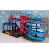 LEAN TOYS Parkhaus mit Autos, 4-stöckige Rennbahn, 8 Metallfahrzeuge, Aufkleber