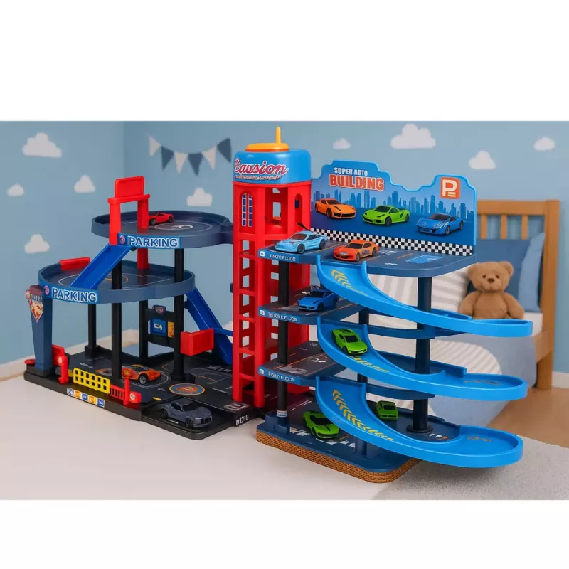 LEAN TOYS Parkhaus mit Autos, 4-stöckige Rennbahn, 8 Metallfahrzeuge, Aufkleber