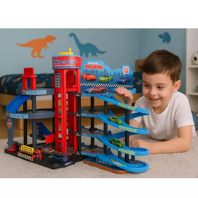 LEAN TOYS Parkhaus mit Autos, 4-stöckige Rennbahn, 8 Metallfahrzeuge, Aufkleber