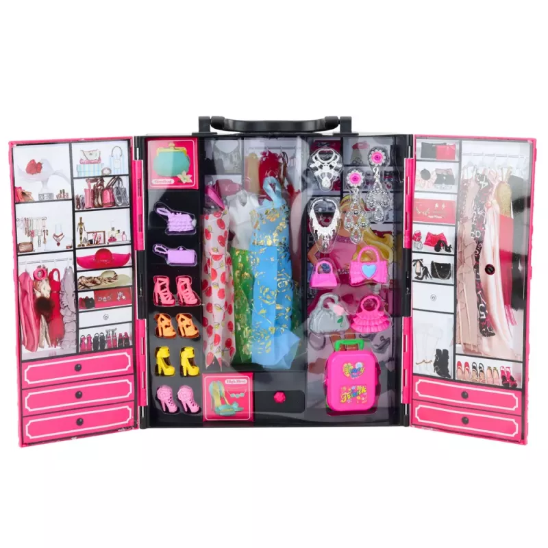 LEAN TOYS Pink Wardrobe Set für Puppen, Kleider, Schuhe, Accessoires