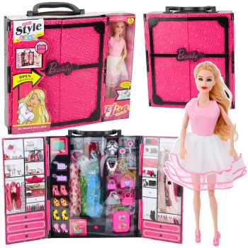 LEAN TOYS Pink Wardrobe Set für Puppen, Kleider, Schuhe, Accessoires