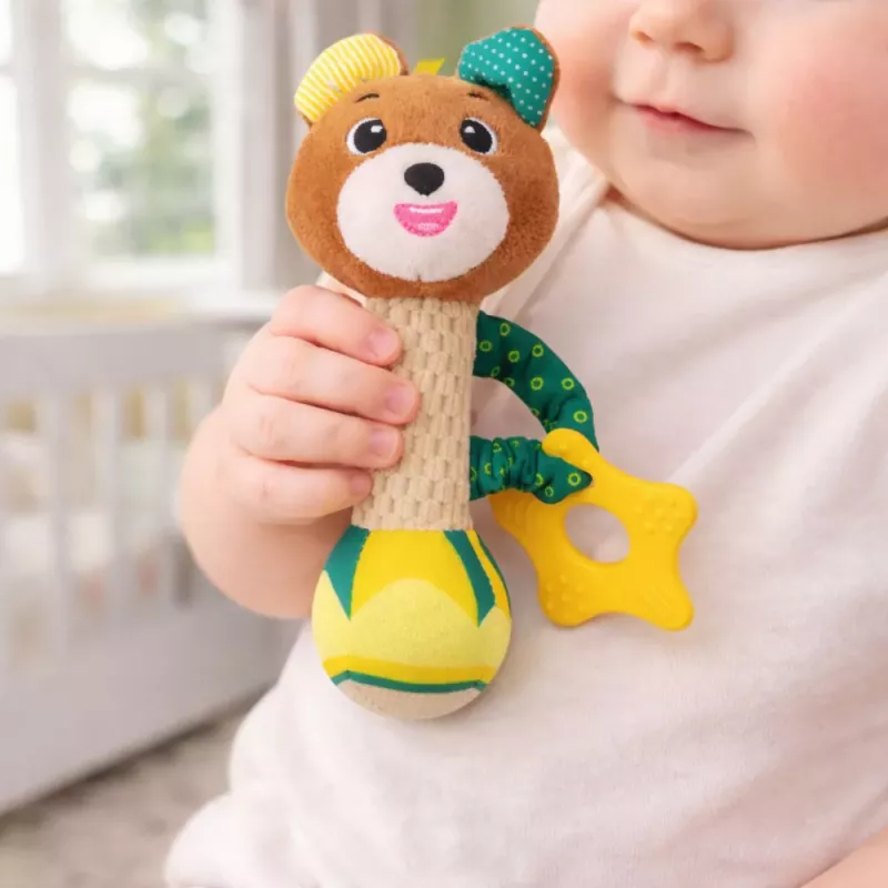 LEAN TOYS Plüschteddybär Rassel mit Beißring und Quietscher für Babys
