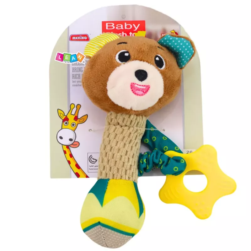 LEAN TOYS Plüschteddybär Rassel mit Beißring und Quietscher für Babys