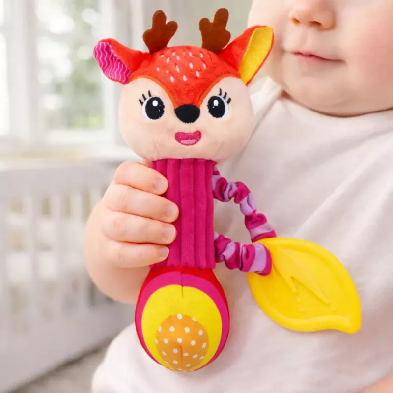 LEAN TOYS Plüschhirsch Rassel mit Beißring und Quietscher für Babys