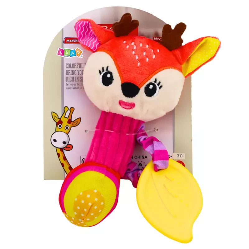 LEAN TOYS Plüschhirsch Rassel mit Beißring und Quietscher für Babys
