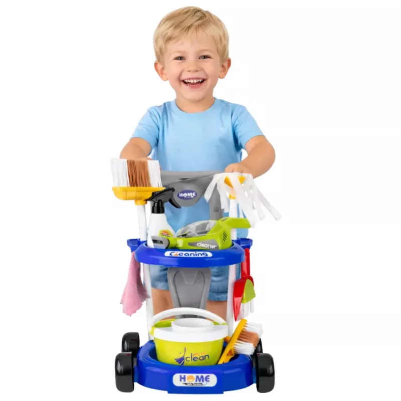 LEAN TOYS Kinder-Reinigungsset mit Wagen, interaktivem Staubsauger und Zubehör