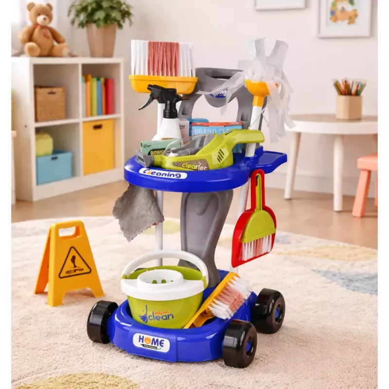 LEAN TOYS Kinder-Reinigungsset mit Wagen, interaktivem Staubsauger und Zubehör