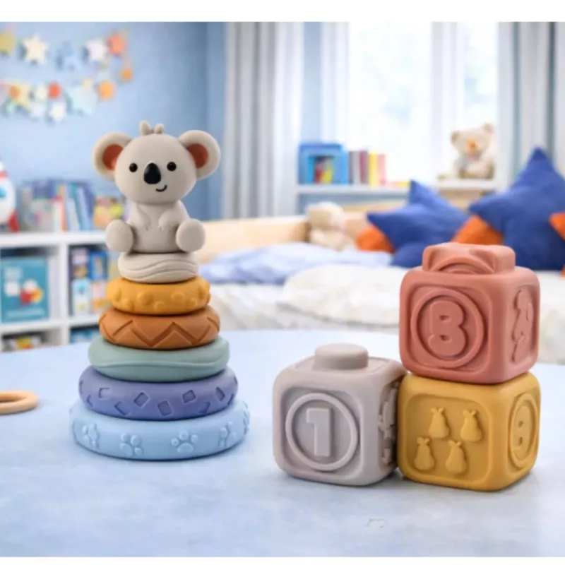 LEAN TOYS Sensorische Lernbausteine Turm aus weichen Gummibausteinen Koala 13 Stk.
