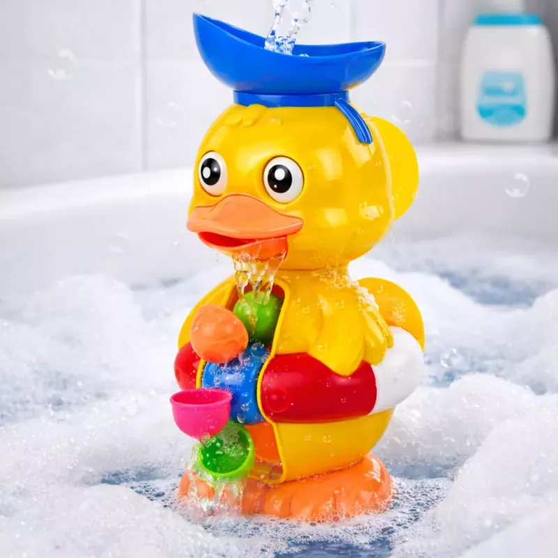 LEAN TOYS Interaktives Badespielzeug Ente mit Mühle, Saugnäpfen und Löffel