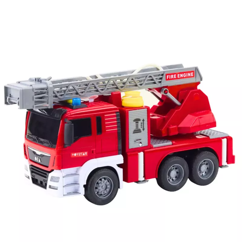 LEAN TOYS Feuerwehrfahrzeug mit Drehleiter, Wasserpumpe, Lichtern und Geräuschen