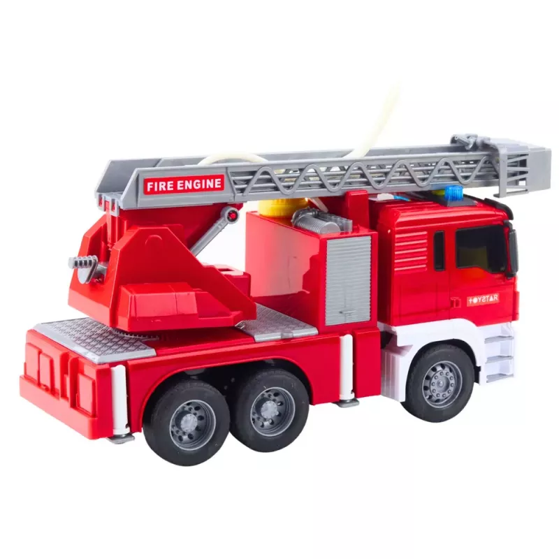 LEAN TOYS Feuerwehrfahrzeug mit Drehleiter, Wasserpumpe, Lichtern und Geräuschen