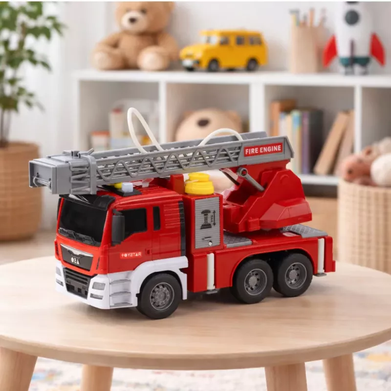 LEAN TOYS Feuerwehrfahrzeug mit Drehleiter, Wasserpumpe, Lichtern und Geräuschen