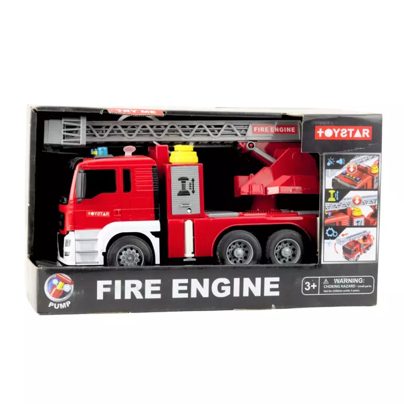 LEAN TOYS Feuerwehrfahrzeug mit Drehleiter, Wasserpumpe, Lichtern und Geräuschen
