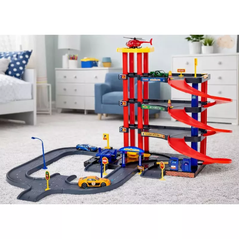 LEAN TOYS Parkhaus mit 4 Ebenen, Aufzug, Hubschrauber und Autos, 70 Teile