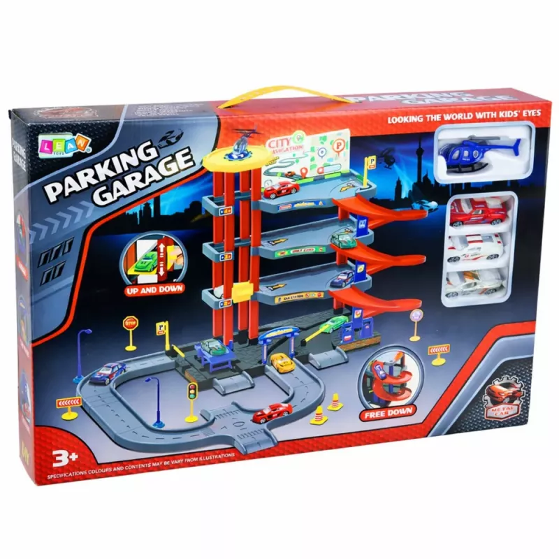 LEAN TOYS Parkhaus mit 4 Ebenen, Aufzug, Hubschrauber und Autos, 70 Teile