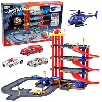 LEAN TOYS Parkhaus mit 4 Ebenen, Aufzug, Hubschrauber und Autos, 70 Teile
