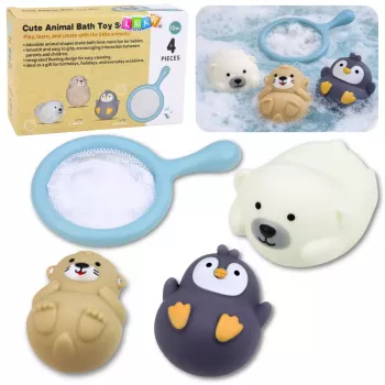LEAN TOYS Badespielzeug-Set Angelspiel Gummifiguren Pastell-Sieb 4-teilig