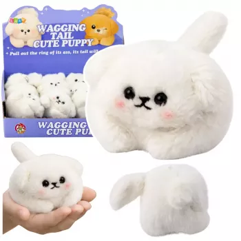 LEAN TOYS Plüsch-Schlüsselanhänger Weißer Hund mit wedelndem Schwanz und Quietschgeräusch 9 cm