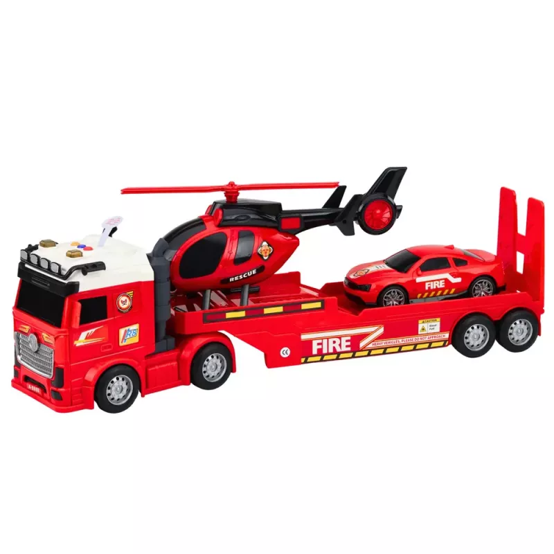 LEAN TOYS Feuerwehr-Rettungsset mit Feuerwehrauto, Abschleppwagen, Hubschrauber, Auto, Licht und Sound