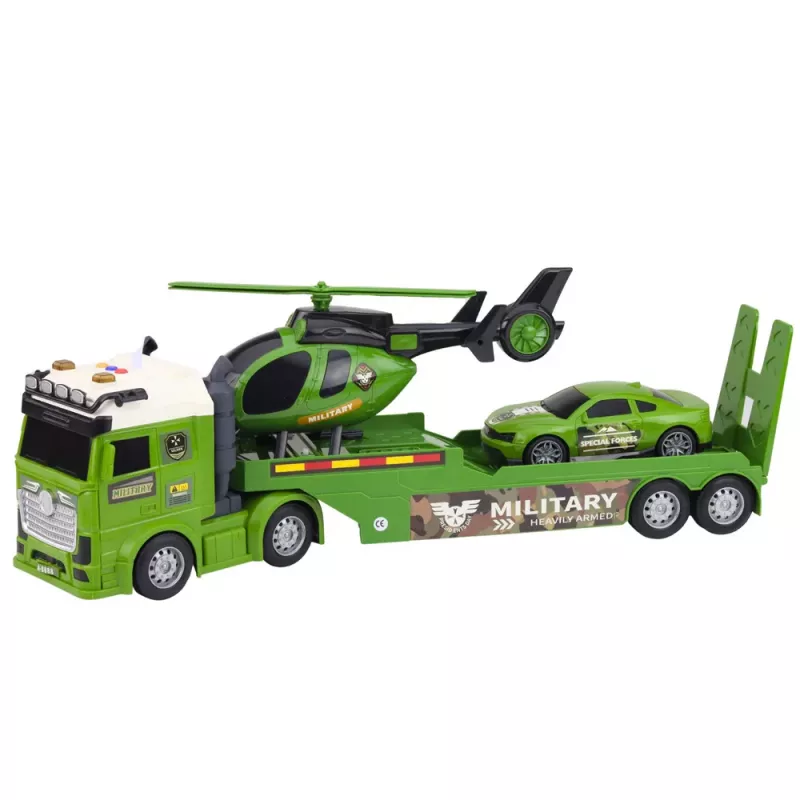 LEAN TOYS Militär-Set Militär-LKW Abschleppwagen Auto Hubschrauber Licht Sound