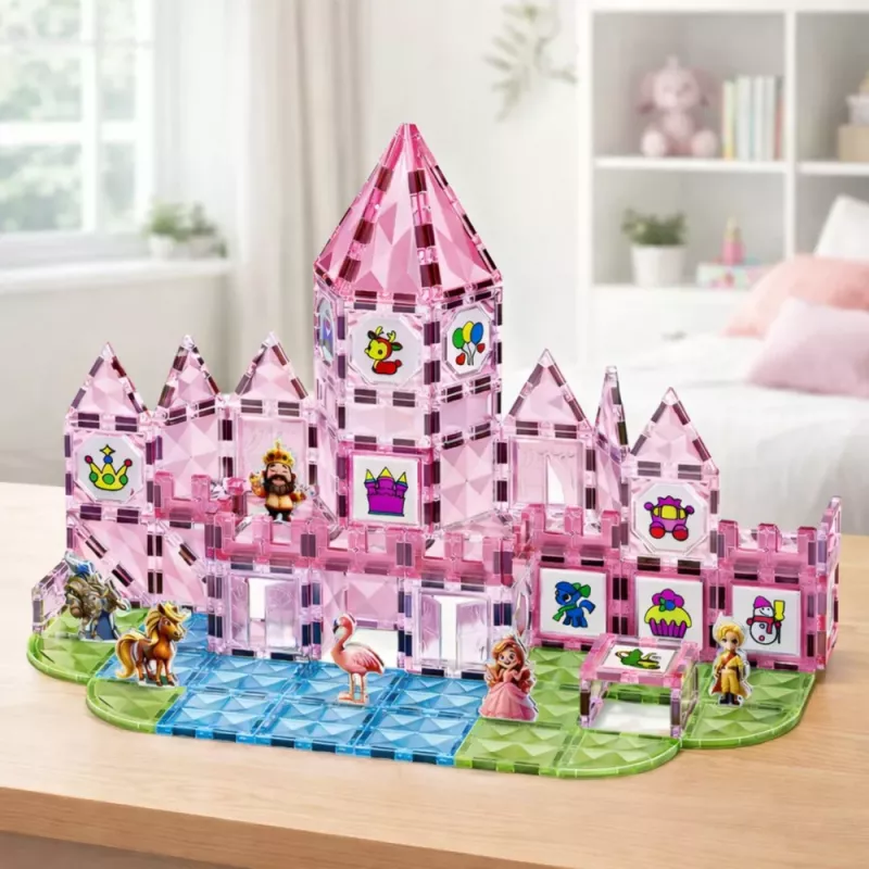 LEAN TOYS Magnetbausteine mit Figuren, Malfarben und Karten zum Malen, Pink, 142 Teile