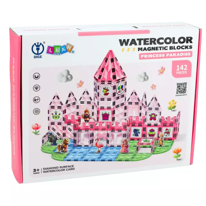 LEAN TOYS Magnetbausteine mit Figuren, Malfarben und Karten zum Malen, Pink, 142 Teile