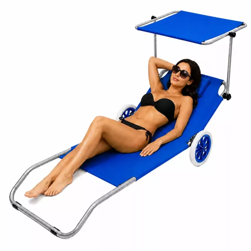 LEAN Faltbarer Garten- und Stranddeckchair mit Rädern und Sonnendach, Aluminium, Blau