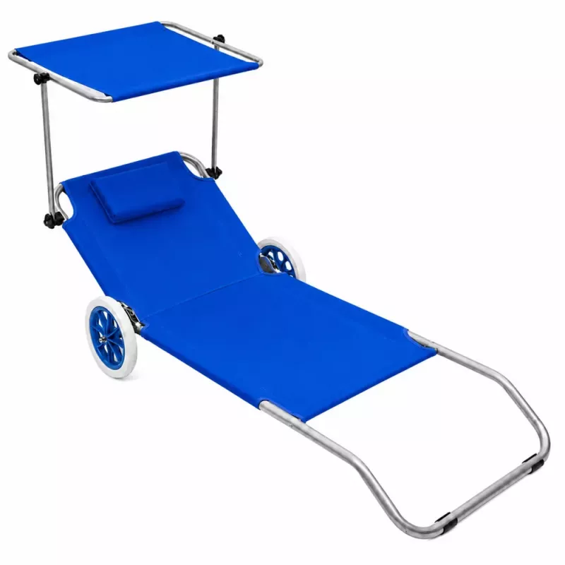 LEAN Faltbarer Garten- und Stranddeckchair mit Rädern und Sonnendach, Aluminium, Blau