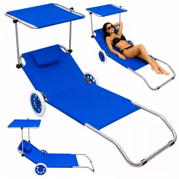 LEAN Faltbarer Garten- und Stranddeckchair mit Rädern und Sonnendach, Aluminium, Blau