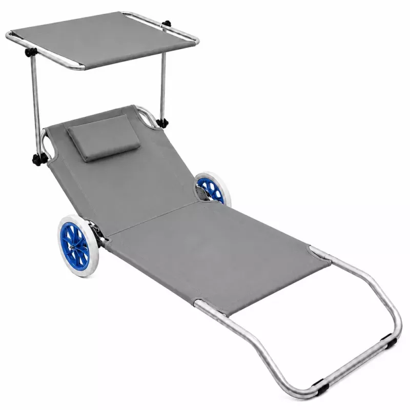 LEAN Garden Beach Deckchair auf Rädern mit Faltdach, Aluminium, Grau