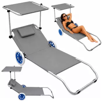 LEAN Garden Beach Deckchair auf Rädern mit Faltdach, Aluminium, Grau