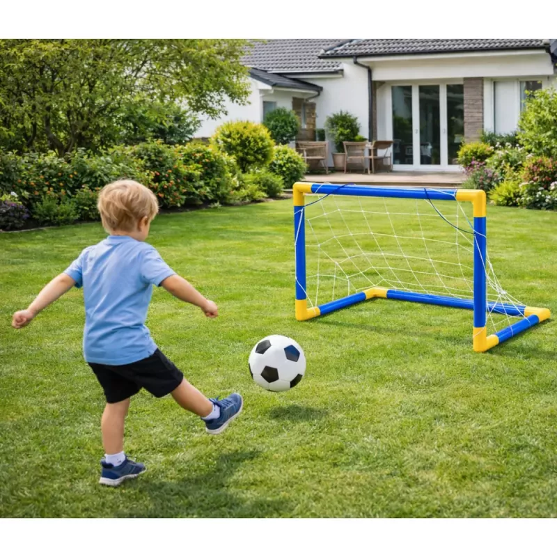 LEAN TOYS Sports Set für Fußballspielen, Fußballtor, Ball, Pumpe 62x40cm