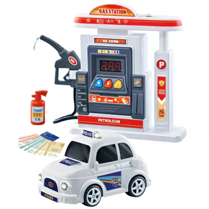 LEAN TOYS Interaktives Polizeiauto mit Tankstelle, Licht, Sound und Rauch