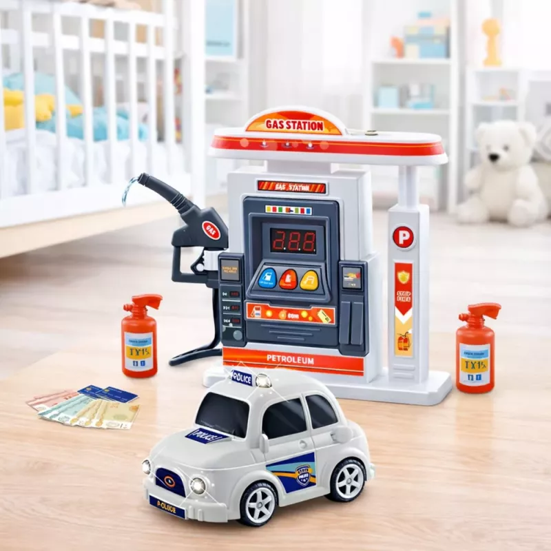 LEAN TOYS Interaktives Polizeiauto mit Tankstelle, Licht, Sound und Rauch