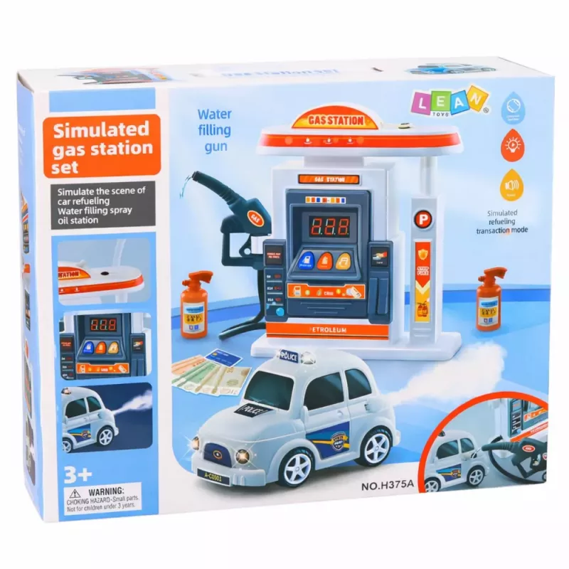 LEAN TOYS Interaktives Polizeiauto mit Tankstelle, Licht, Sound und Rauch