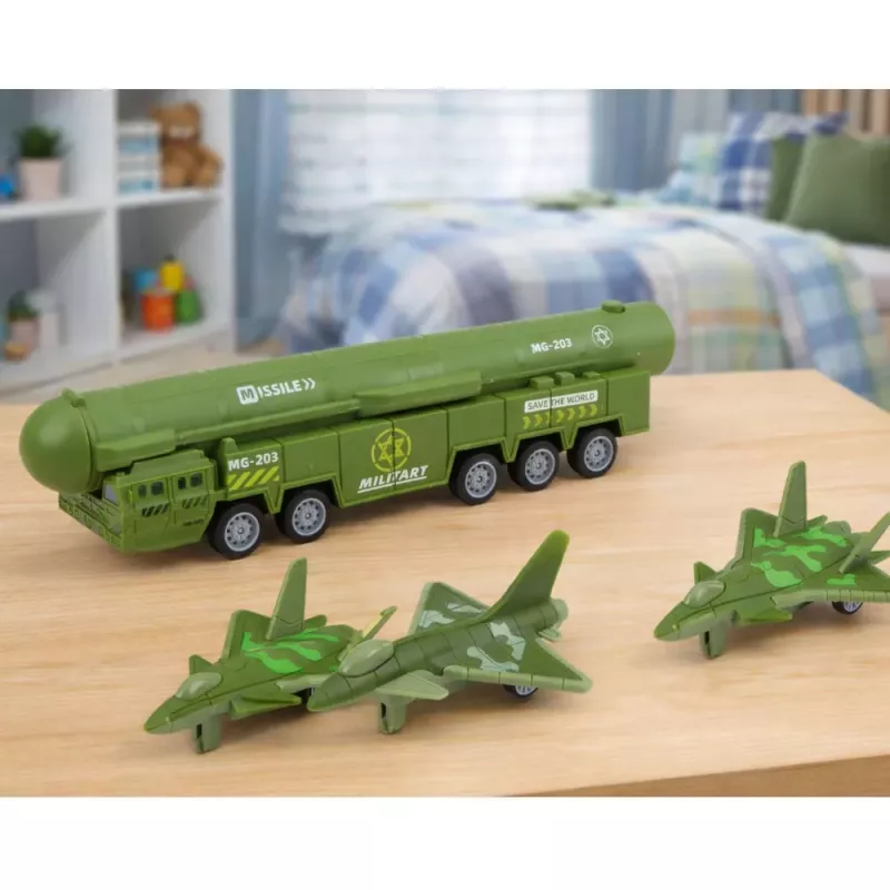 LEAN TOYS Militär-Set mit Truck, Kampfjets und motorisiertem Raketenwerfer