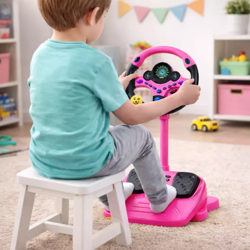 LEAN TOYS Interaktives Lenkrad mit Ständer und Pedalen, Lichter, Geräusche, Pink