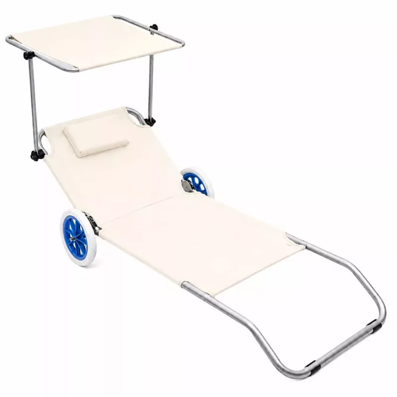 LEAN Beach Deckchair auf Rädern, Garten, klappbar, Aluminium-Sonnendach, Creme
