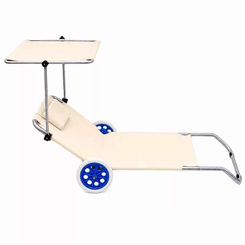 LEAN Beach Deckchair auf Rädern, Garten, klappbar, Aluminium-Sonnendach, Creme