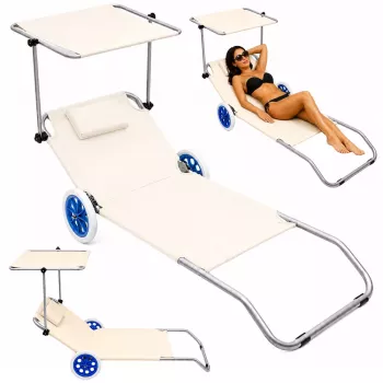 LEAN Beach Deckchair auf Rädern, Garten, klappbar, Aluminium-Sonnendach, Creme