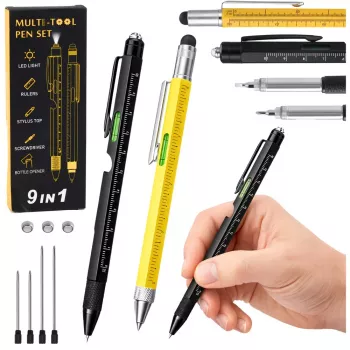 LEAN 9-in-1 Multifunktionsstift mit Wasserwaage, Taschenlampe und Schraubendreher, gelb/schwarz, 2 Stück