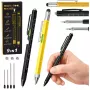 LEAN 9-in-1 Multifunktionsstift mit Wasserwaage, Taschenlampe und Schraubendreher, gelb/schwarz, 2 Stück