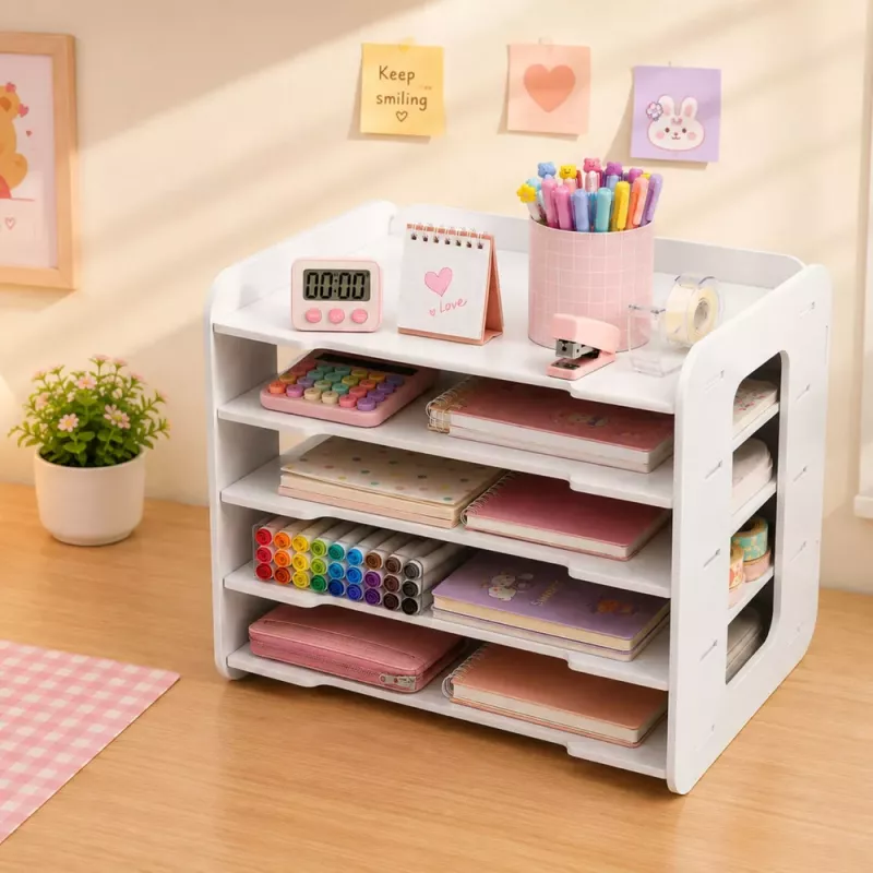 LEAN TOYS Schreibtisch-Organizer aus Holz, Ablagen für A4-Dokumente, Weiß