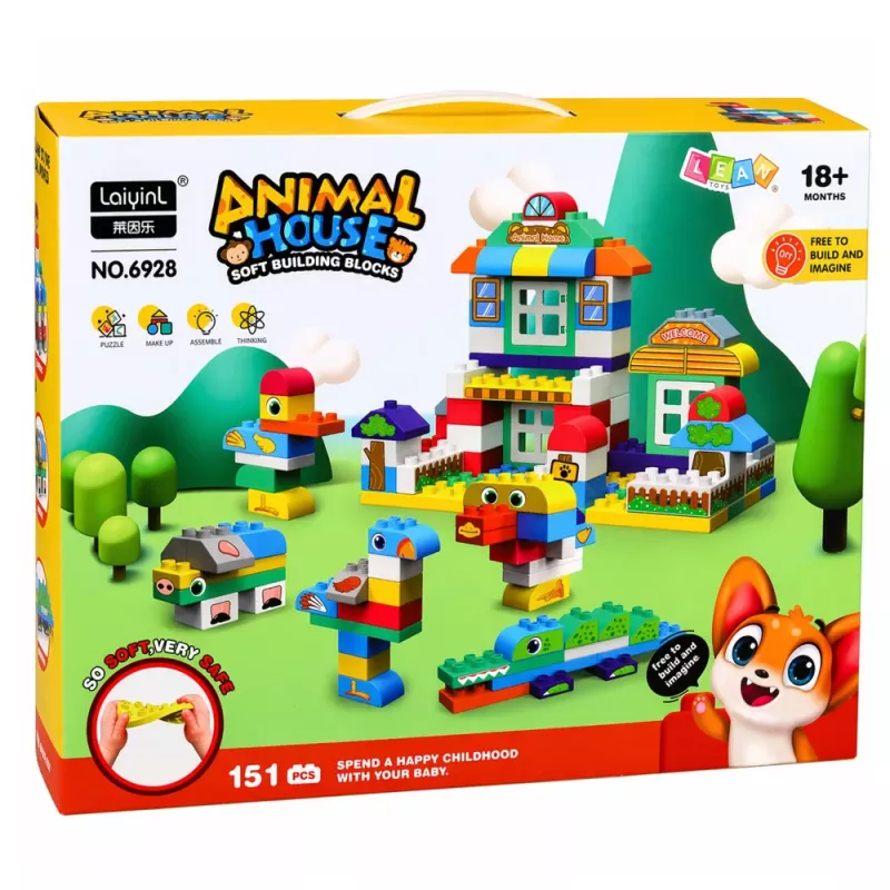 LEAN TOYS Weiche sensorische Silikon-Bausteine Animal House 151 Teile
